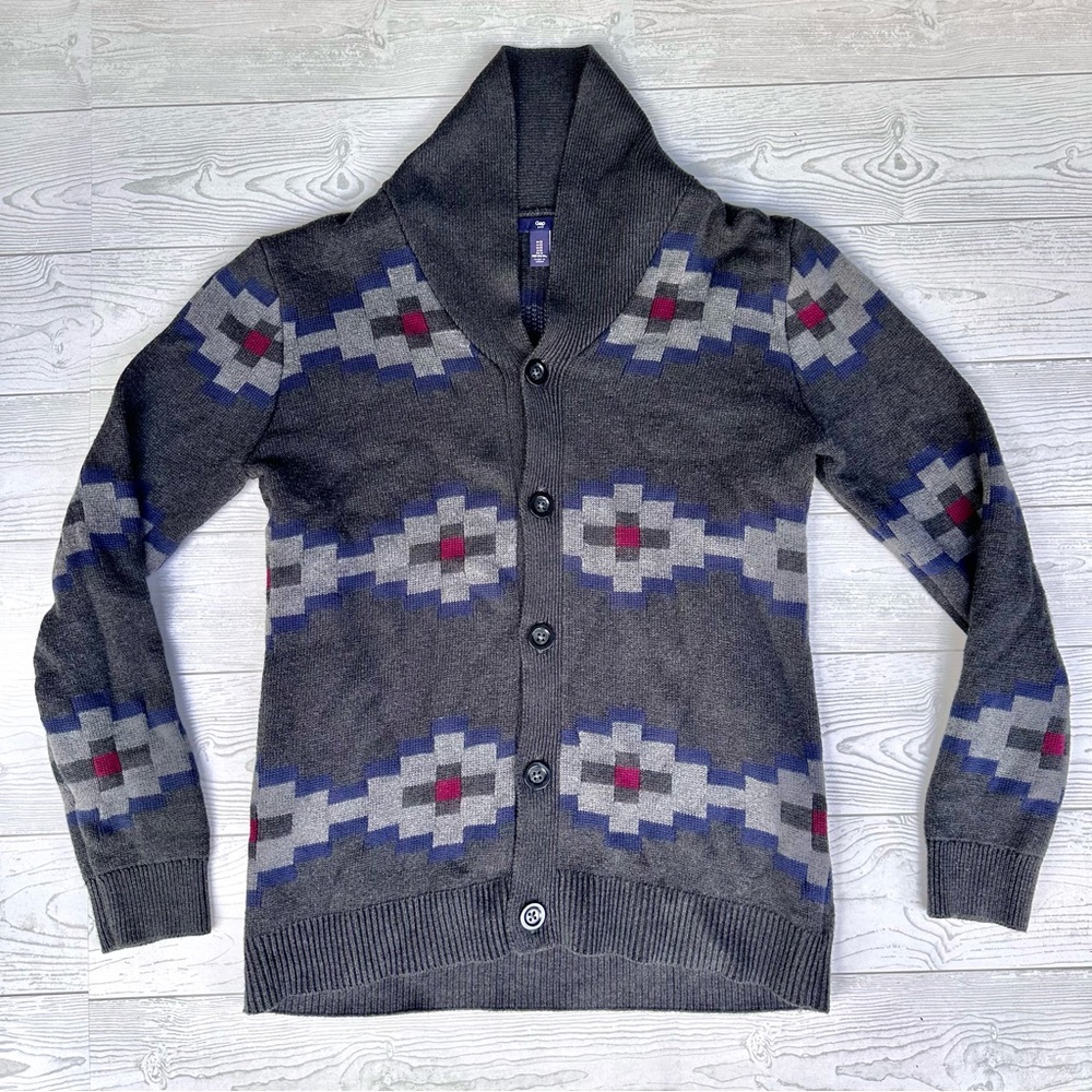 GAP Men’s Aztec Pattern Gray Long Sleeve Sweater Heavy Cardigan 100% Cotton Sz M
